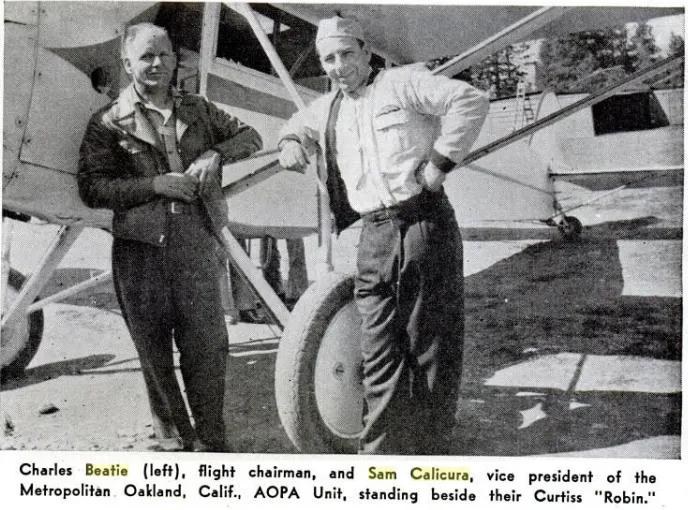 Newspaper photograph of Charles Beatie and Sam Calicura standing beside a Curtiss Robin biplane
