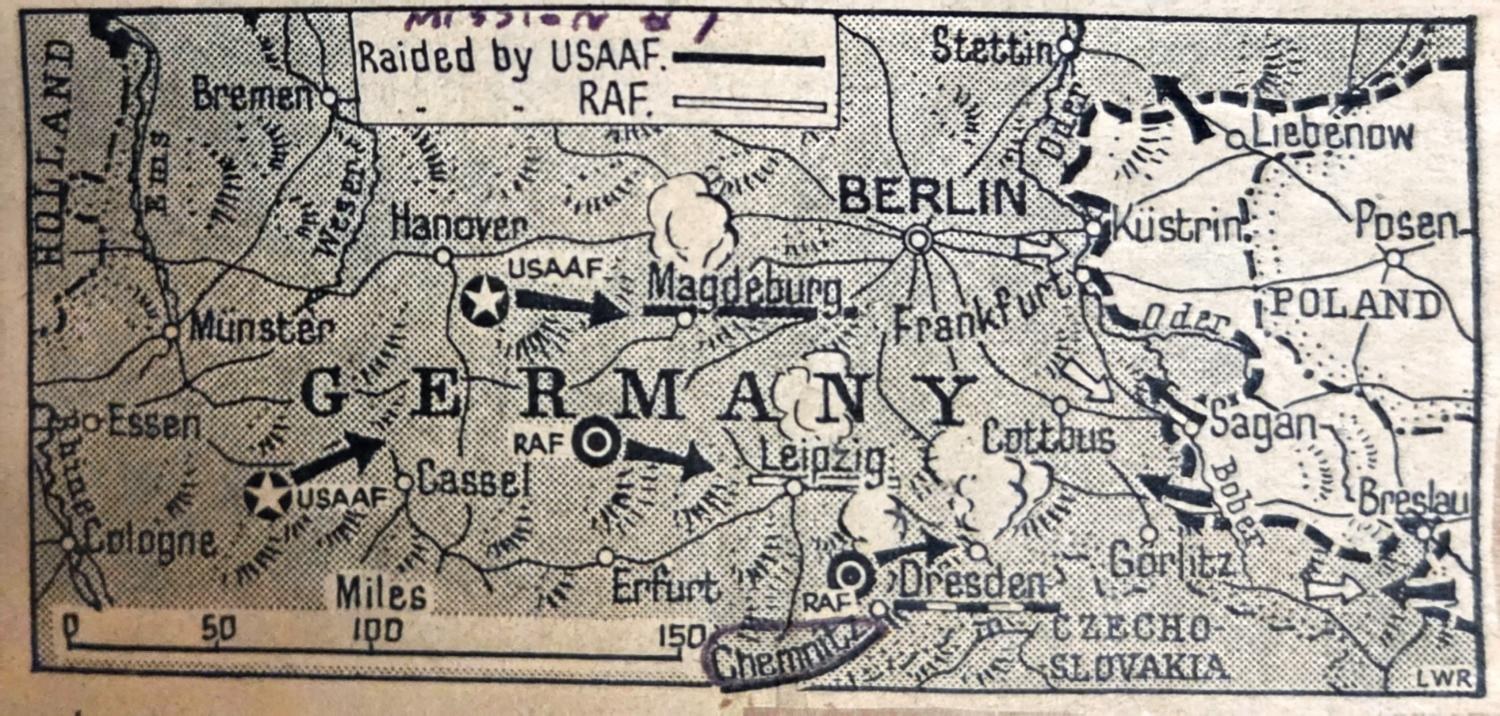Newspaper map of Germany marked Raided by USAAF and RAF, Chemnitz circled, a mission number in the margin that may read 7 or 8