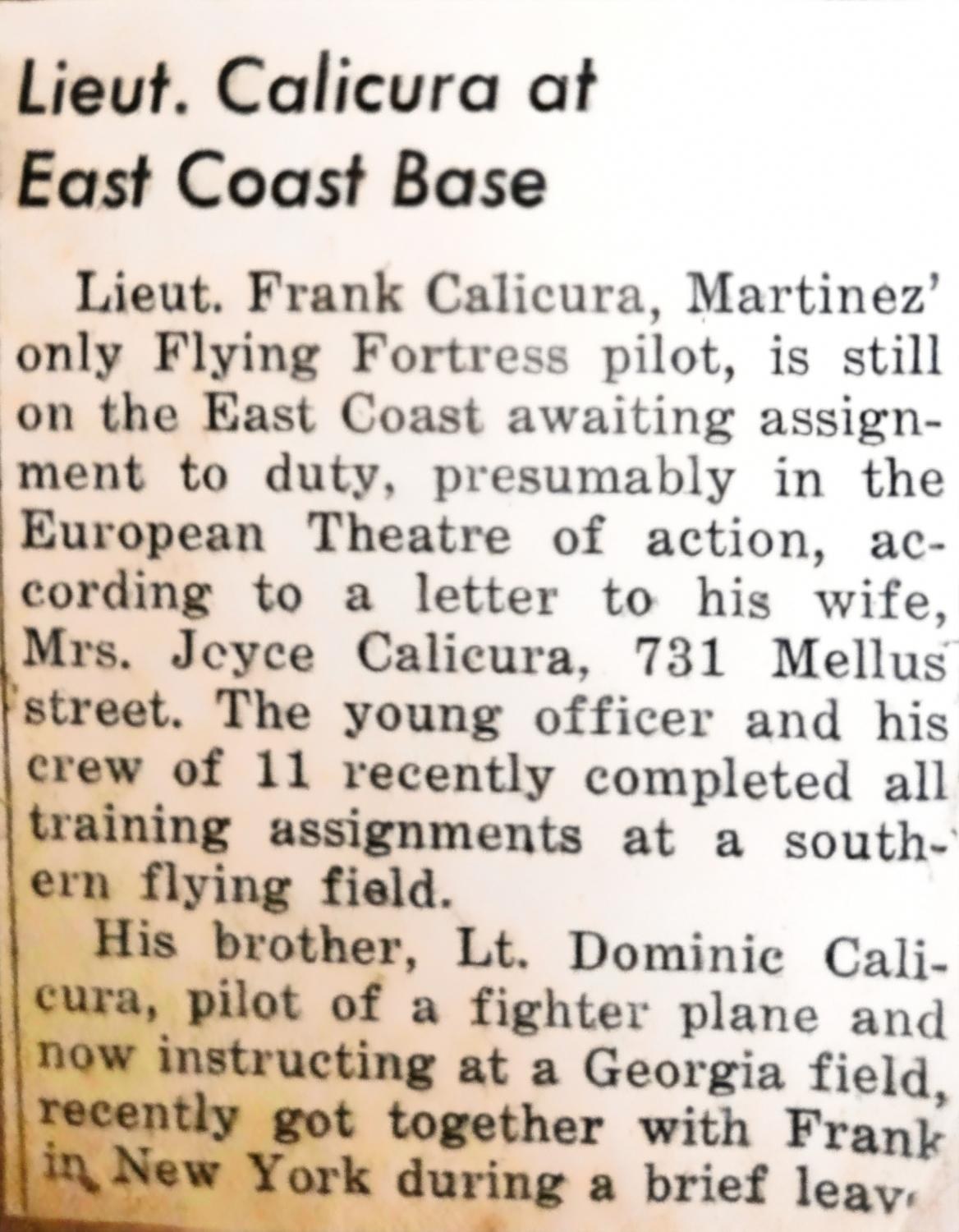Gazette clipping: Lieut. Calicura at East Coast Base. Frank awaiting European assignment, a letter to Joyce at 731 Mellus Street, a crew of eleven, Dominic in New York on leave