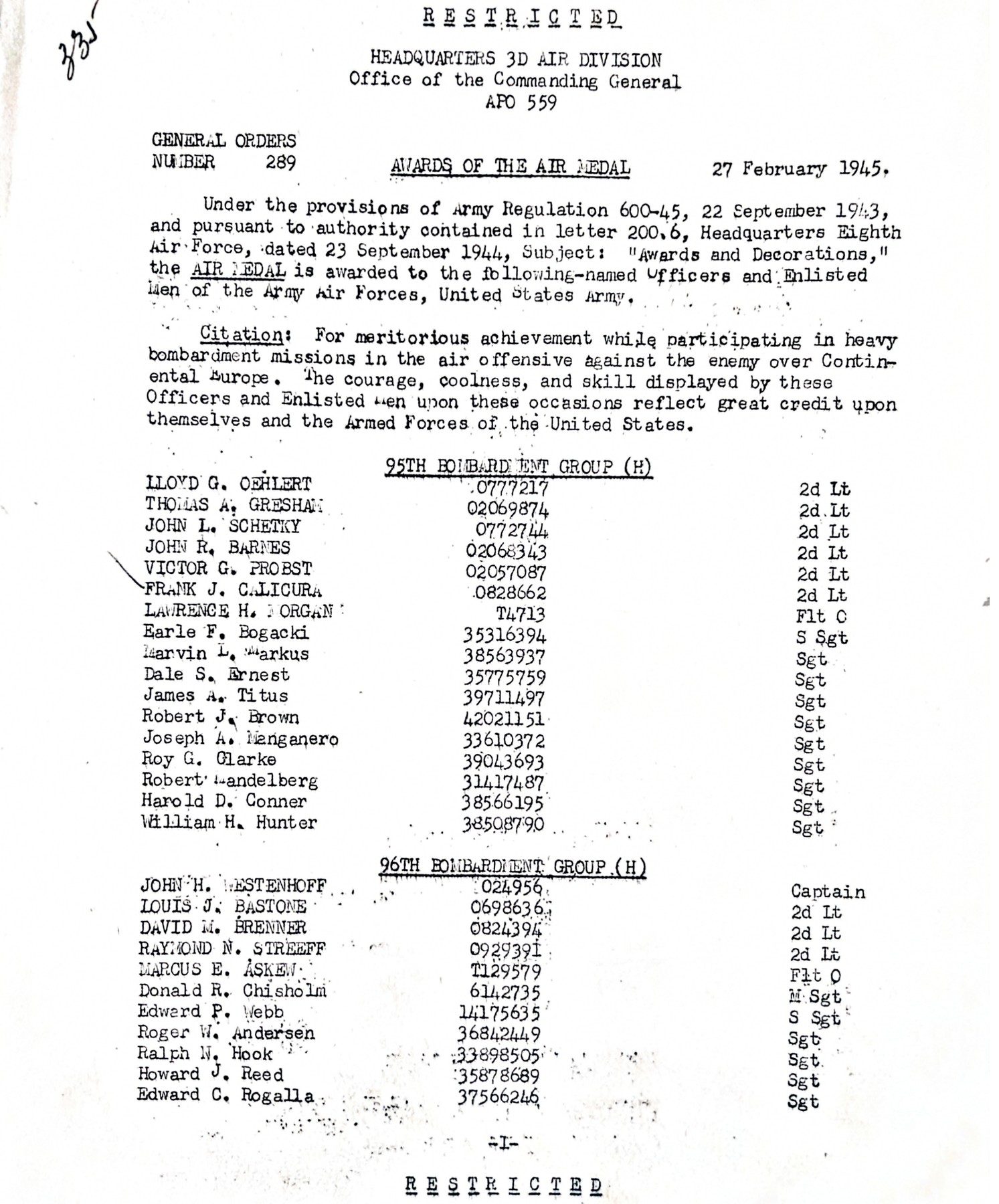 General Orders Number 289, Headquarters 3rd Air Division, 27 February 1945, awarding the Air Medal, with a handwritten check beside Frank J. Calicura