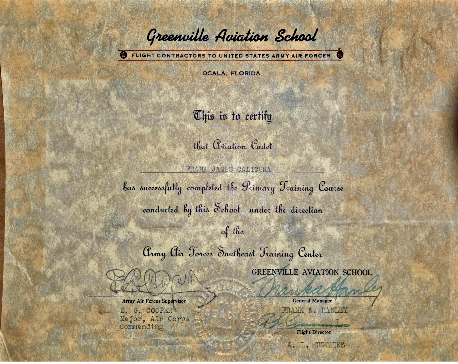 Greenville Aviation School certificate completing the Primary Training Course for Aviation Cadet Frank James Calicura, Ocala, Florida