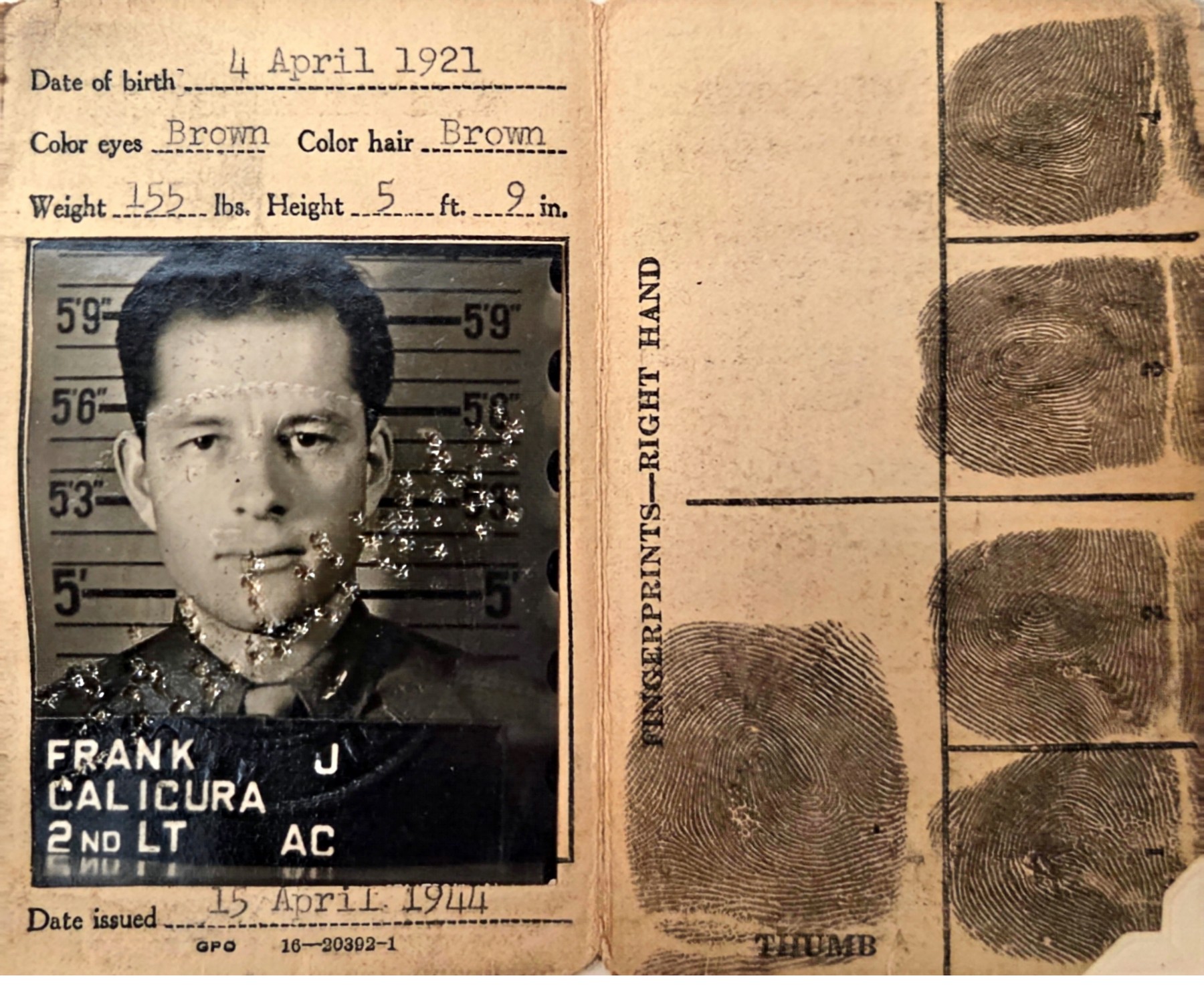 Army Air Forces identity card for 2nd Lt. Frank J. Calicura, issued 15 April 1944, with height-chart portrait and right-hand fingerprints