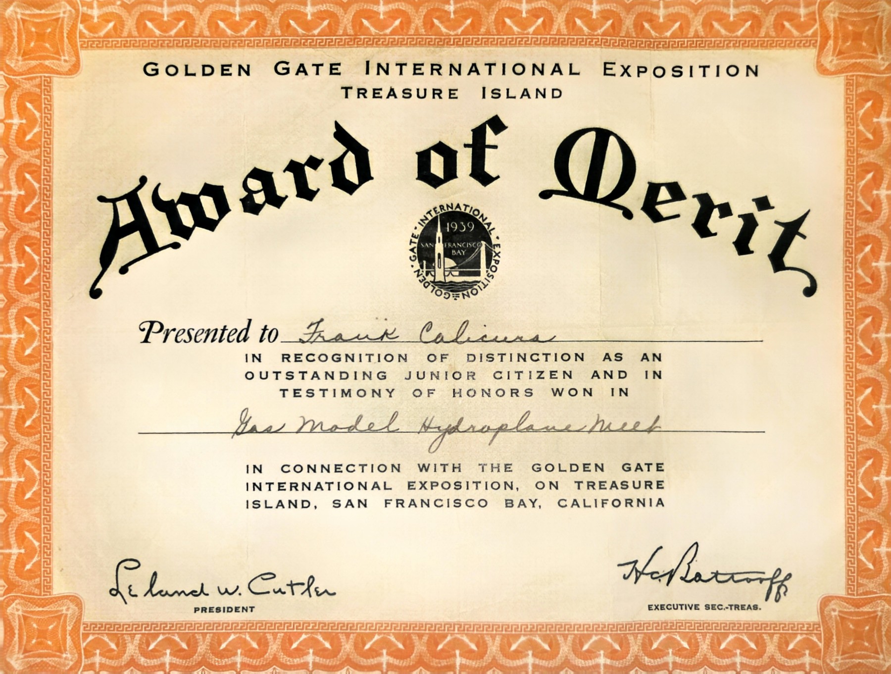 Award of Merit certificate from the 1939 Golden Gate International Exposition, presented to Frank Calicura for a gas model hydroplane meet, signed Leland W. Cutler