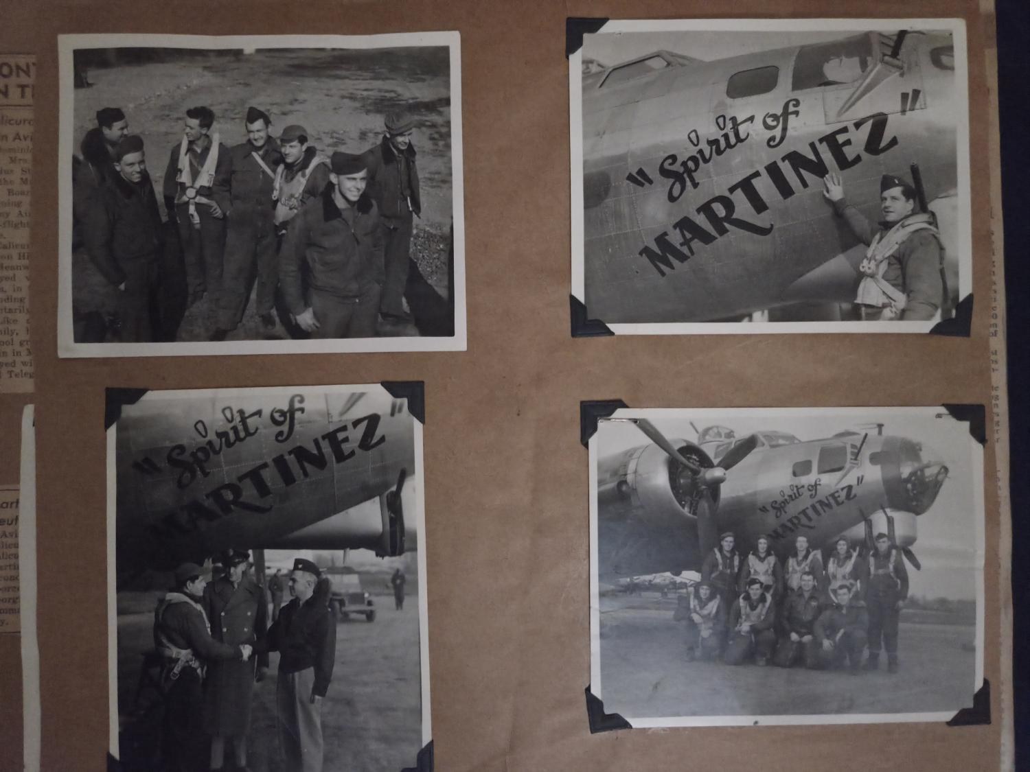 Brown album page: seven of the crew on gravel, Frank’s hand on the Spirit of Martinez script, the naming handshake under the nose, the nine posed beneath it