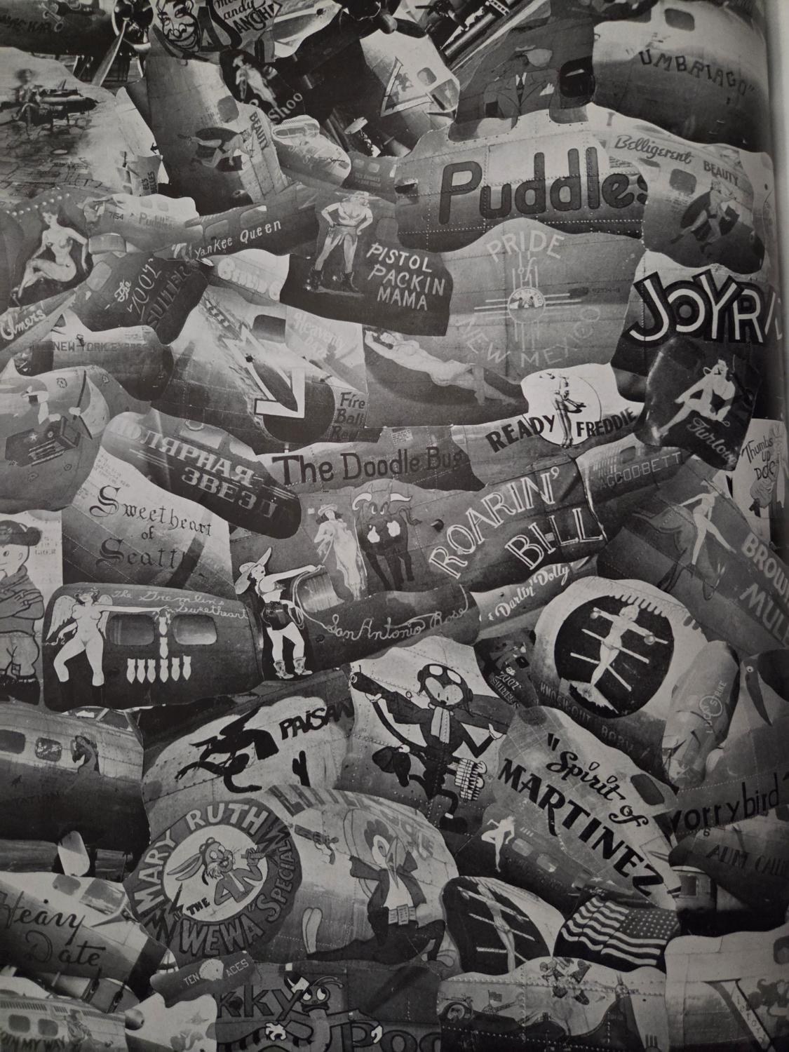 A printed montage of B-17 nose art, Spirit of Martinez among many other names