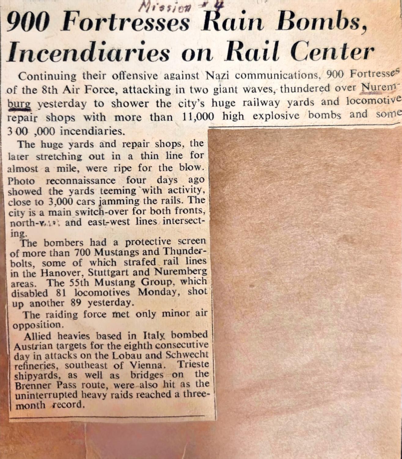 Newspaper clipping 900 Fortresses Rain Bombs, Incendiaries on Rail Center, Nuremburg underlined, Mission #4 in a family hand