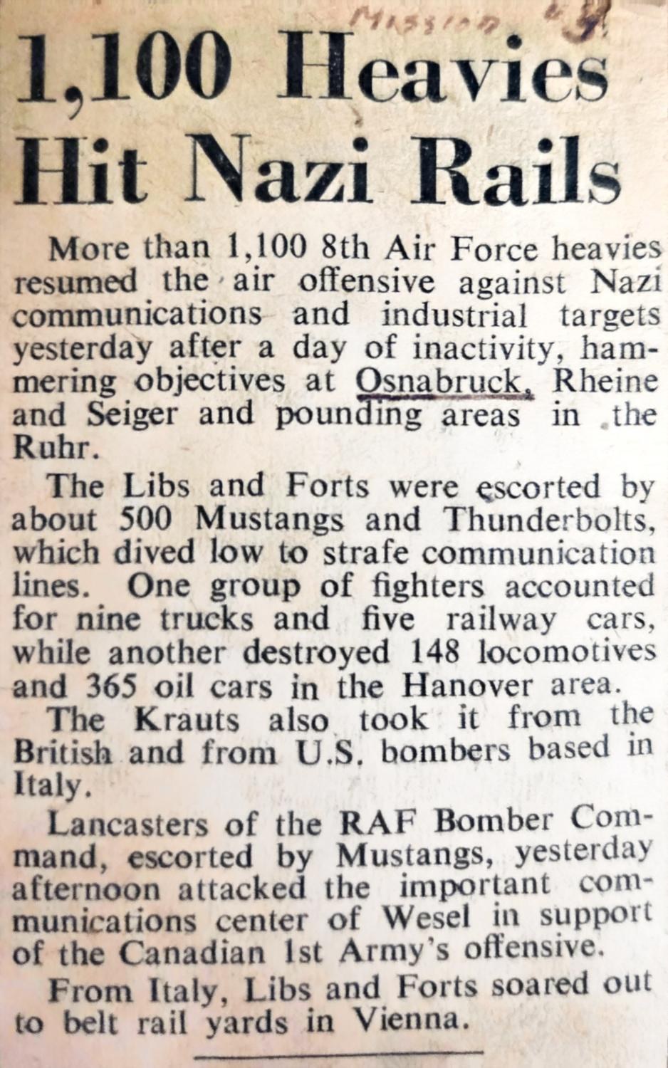 Newspaper clipping 1,100 Heavies Hit Nazi Rails, Osnabrück underlined in the family’s hand, numbered as a mission in the scrapbook
