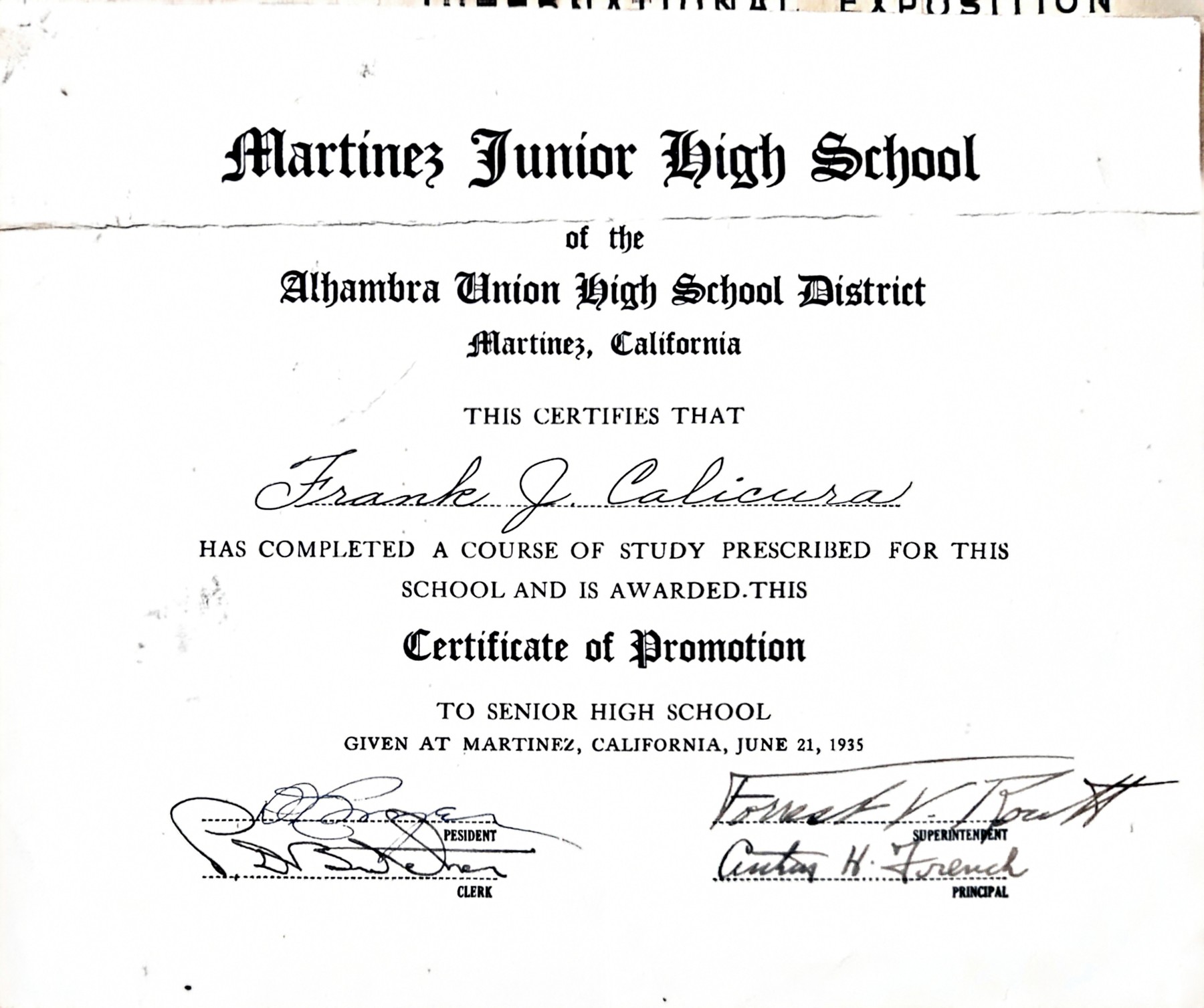 Certificate of Promotion sending Frank J. Calicura from Martinez Junior High to senior high school, dated June 21, 1935