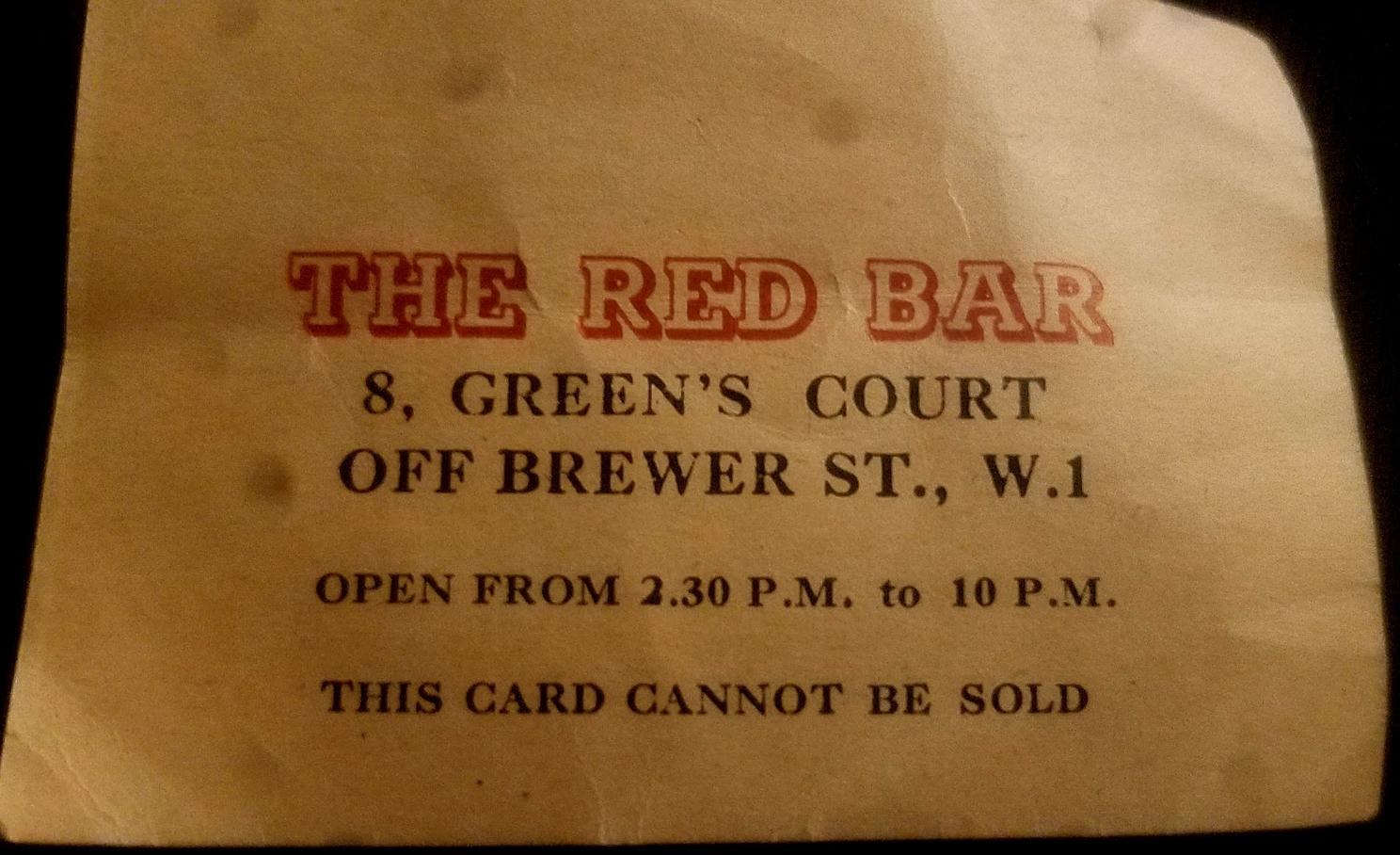 Worn paper membership card for The Red Bar, 8 Green’s Court off Brewer Street, Soho, London W.1
