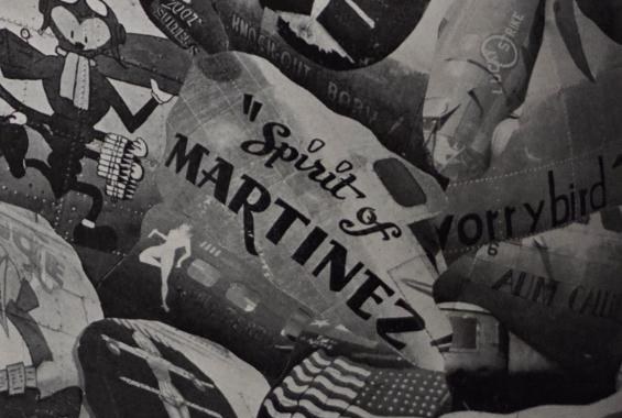 Detail from a nose-art montage: Spirit of Martinez painted on a B-17 nose