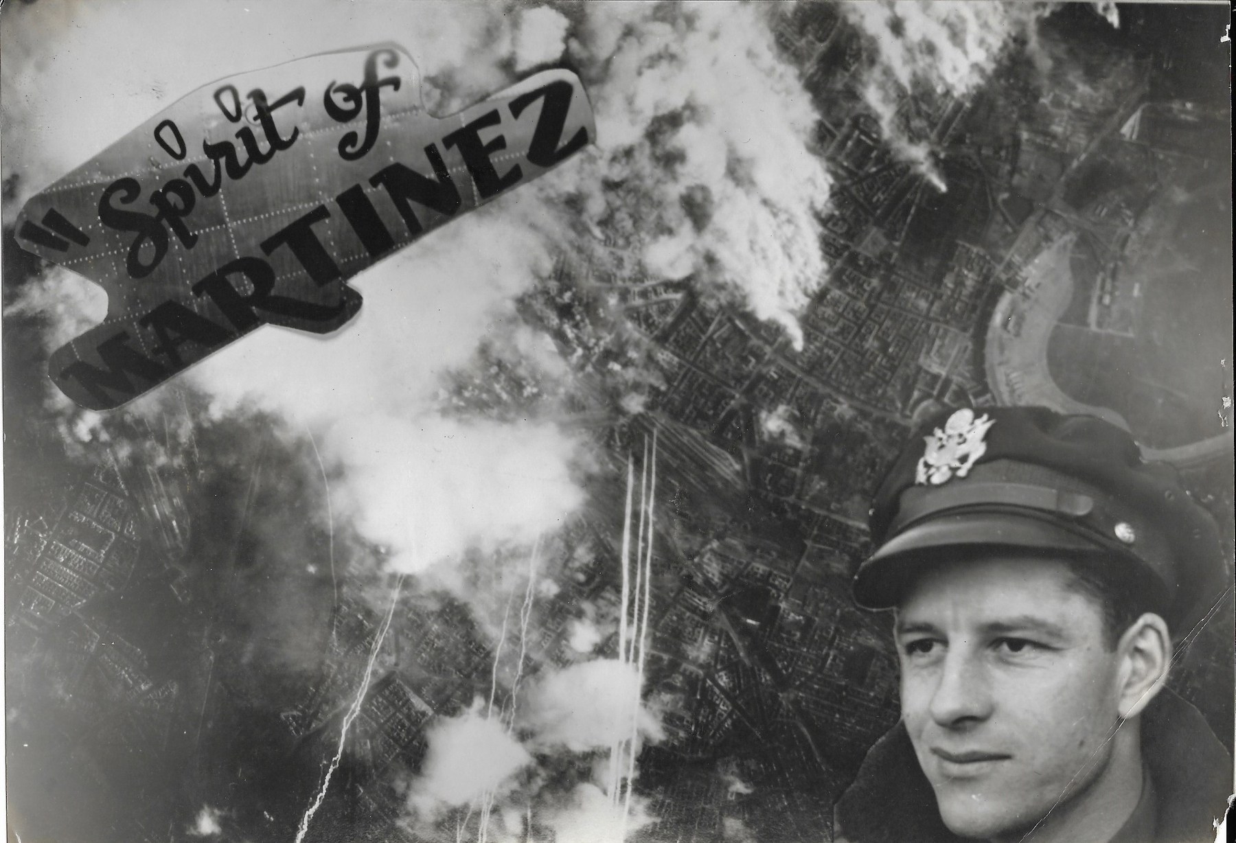 A family-made page: aerial photograph of a city under smoke, the name Spirit of Martinez painted over it, Frank Calicura’s portrait in the corner