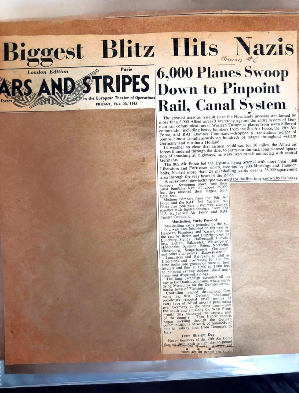 Stars and Stripes, London edition, Friday February 23 1945: 6,000 Planes Swoop Down to Pinpoint Rail, Canal System. Bamberg written in the white in a family hand, Mission #6