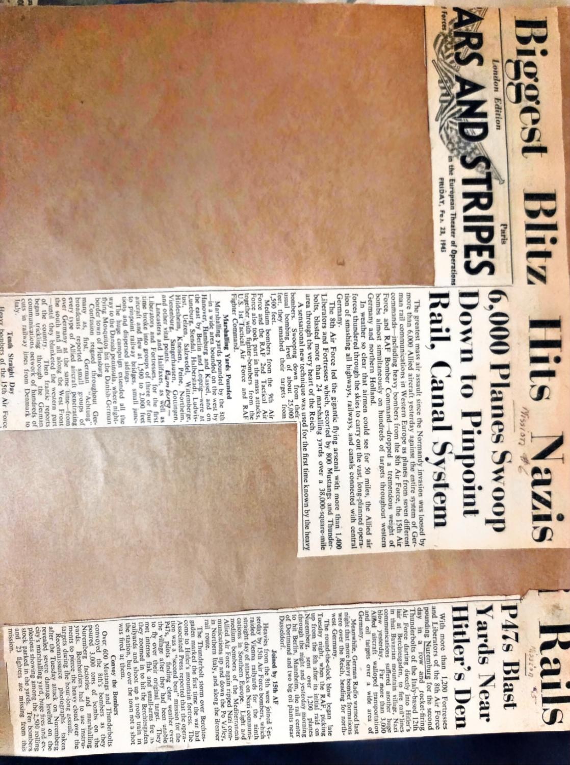 Scrapbook spread: both columns of the Stars and Stripes of Friday February 23 1945 glued sideways on brown paper, Mission #6 on the left