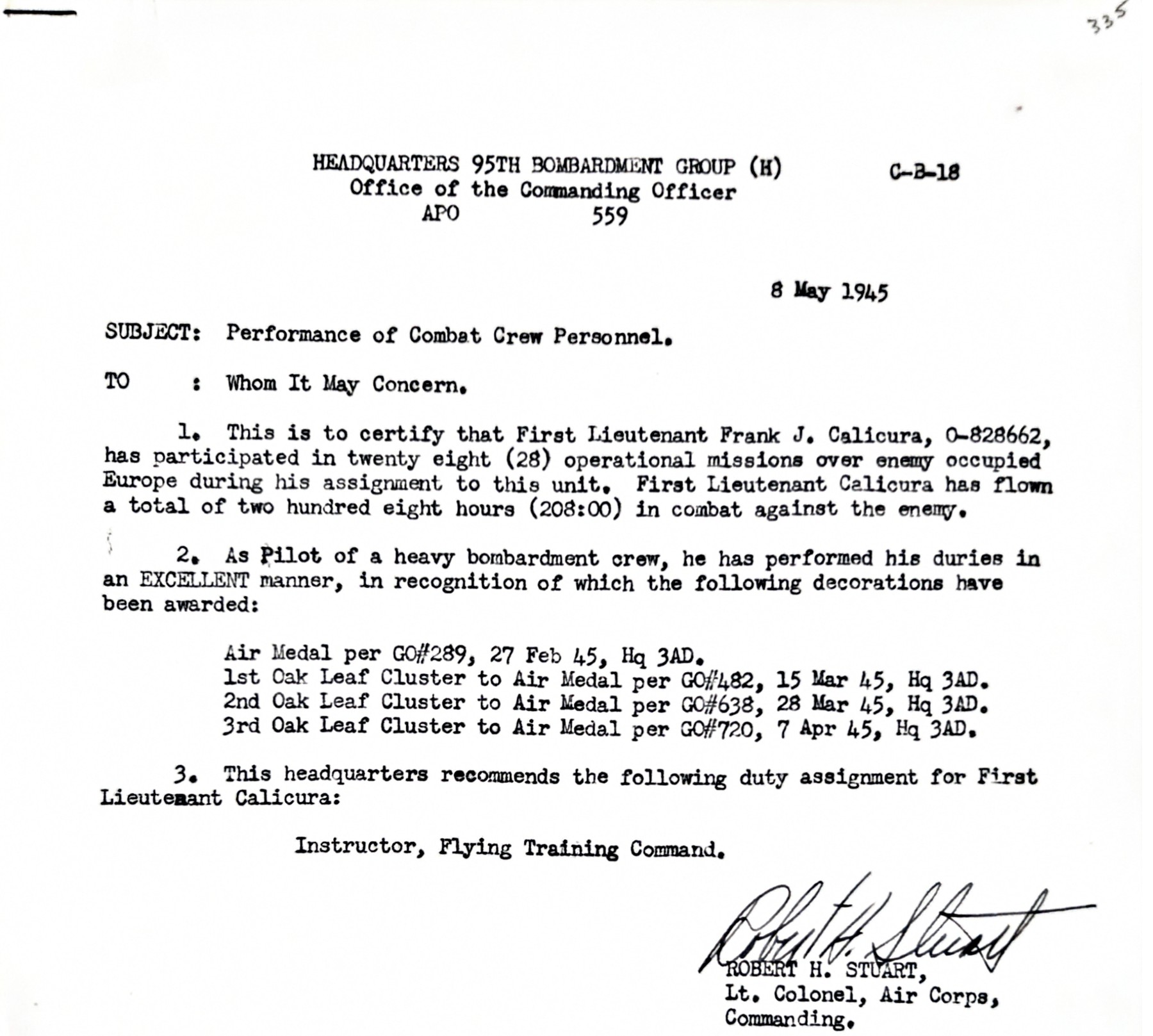 Memorandum dated 8 May 1945 from Lt. Col. Robert H. Stuart certifying 28 operational missions and 208 combat hours for 1st Lt. Frank J. Calicura