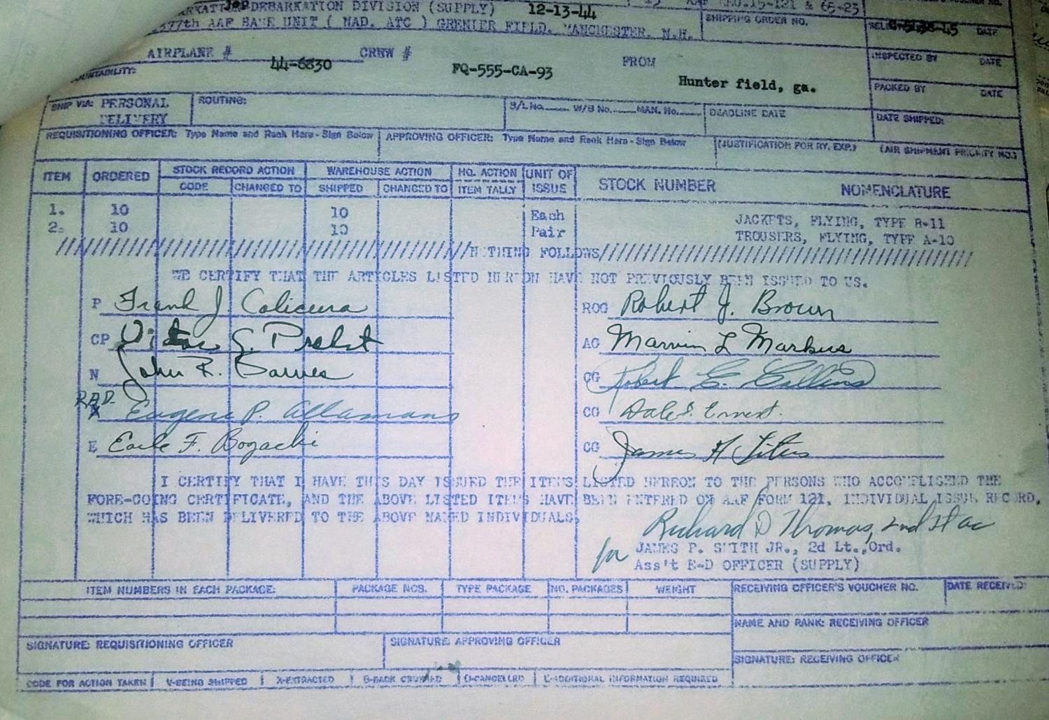 Mimeographed shipping ticket of 13 December 1944, Grenier Field, signed by nine of the crew plus a tenth name, for B-11 flying jackets and A-10 trousers