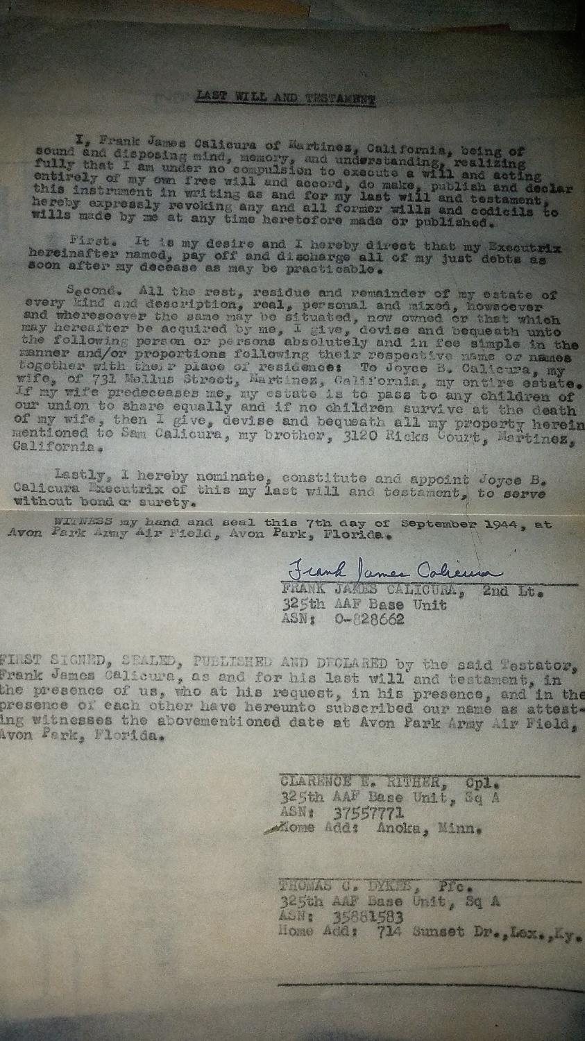 Typed last will and testament of Frank James Calicura, signed at Avon Park Army Air Field, 7 September 1944