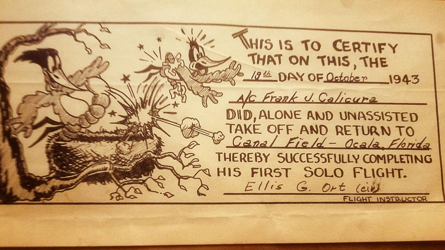 Woody Woodpecker cartoon certificate for Aviation Cadet Frank J. Calicura’s first solo, Canal Field, Ocala, 19 October 1943, signed Ellis G. Ort