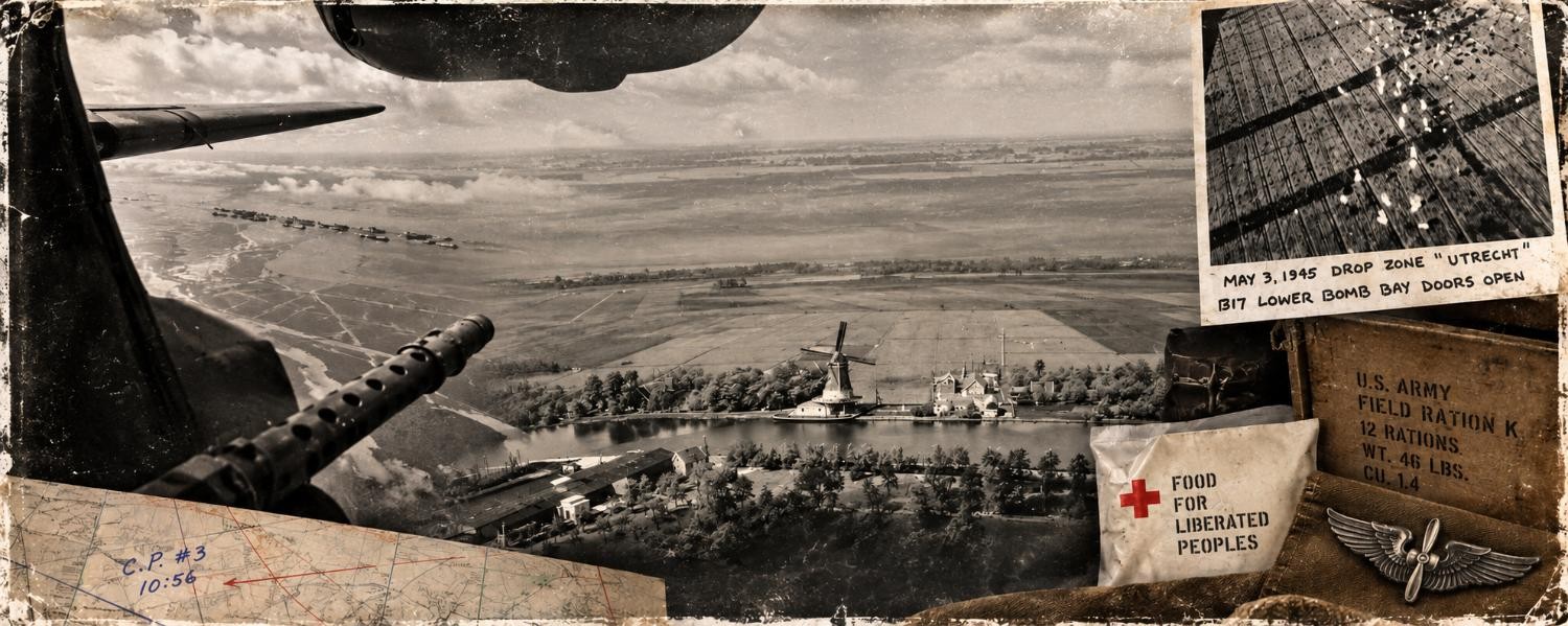 A modern composite of the food drops: the mill at Utrecht, bomb bay doors open, a ration crate, food for liberated peoples