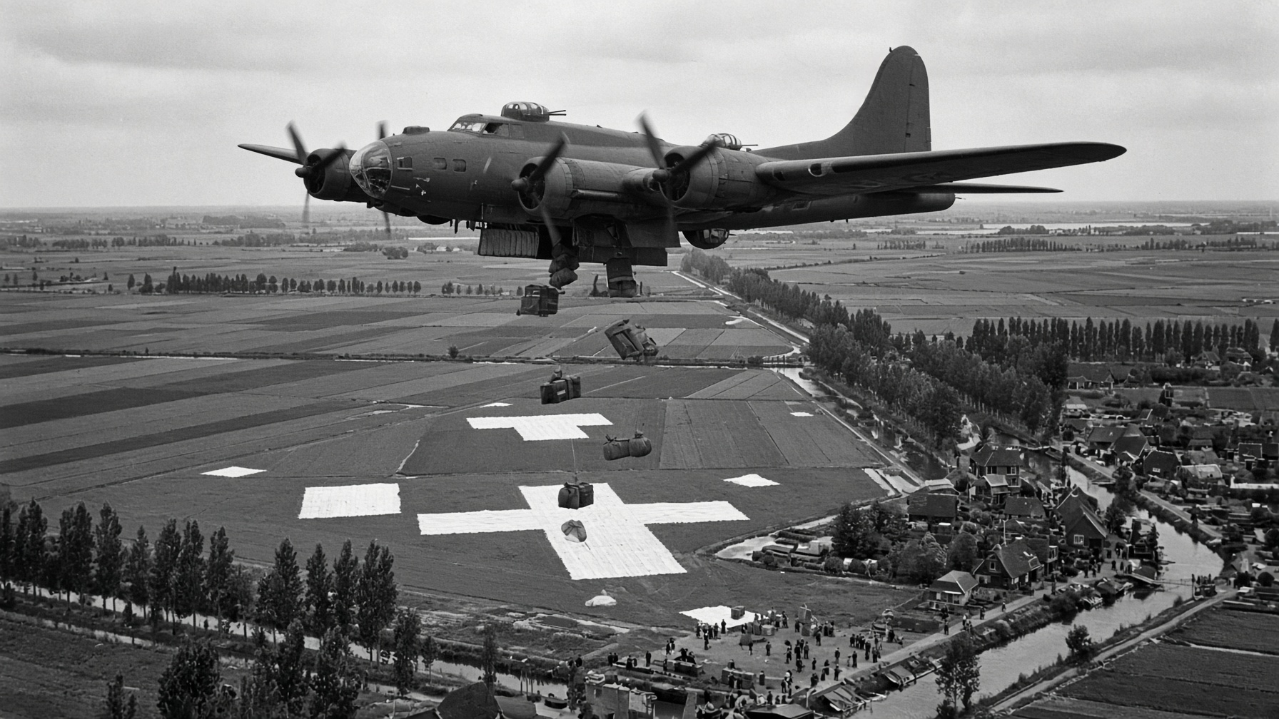 A B-17 flying low over Dutch farmland on a food drop