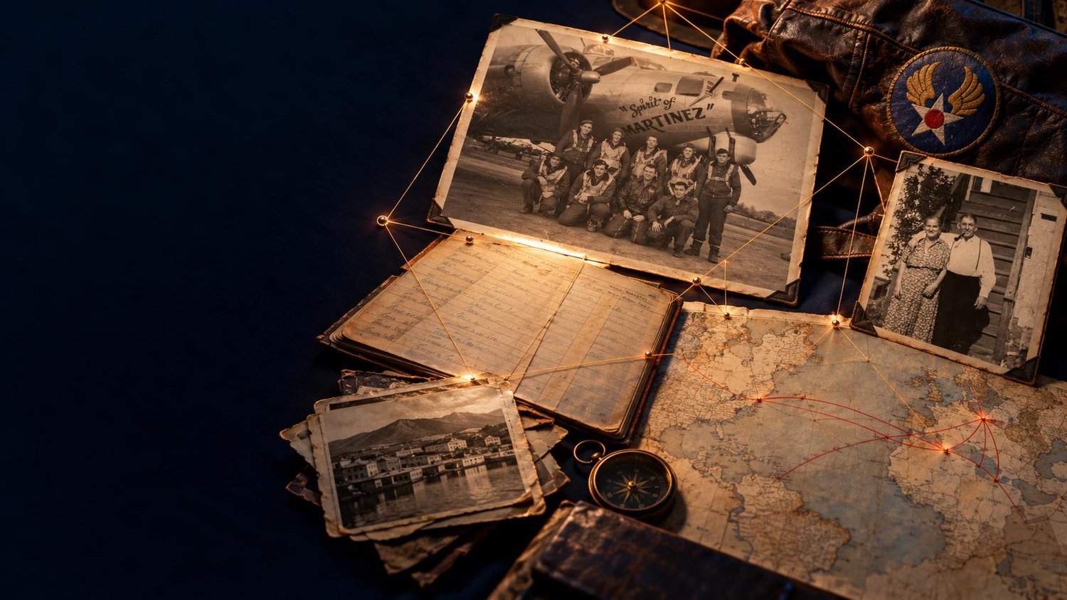What was kept, laid out on a dark cloth: the crew under the Spirit of Martinez, a flight jacket, an open log, a map of Europe marked in string, a compass, and two smaller photographs