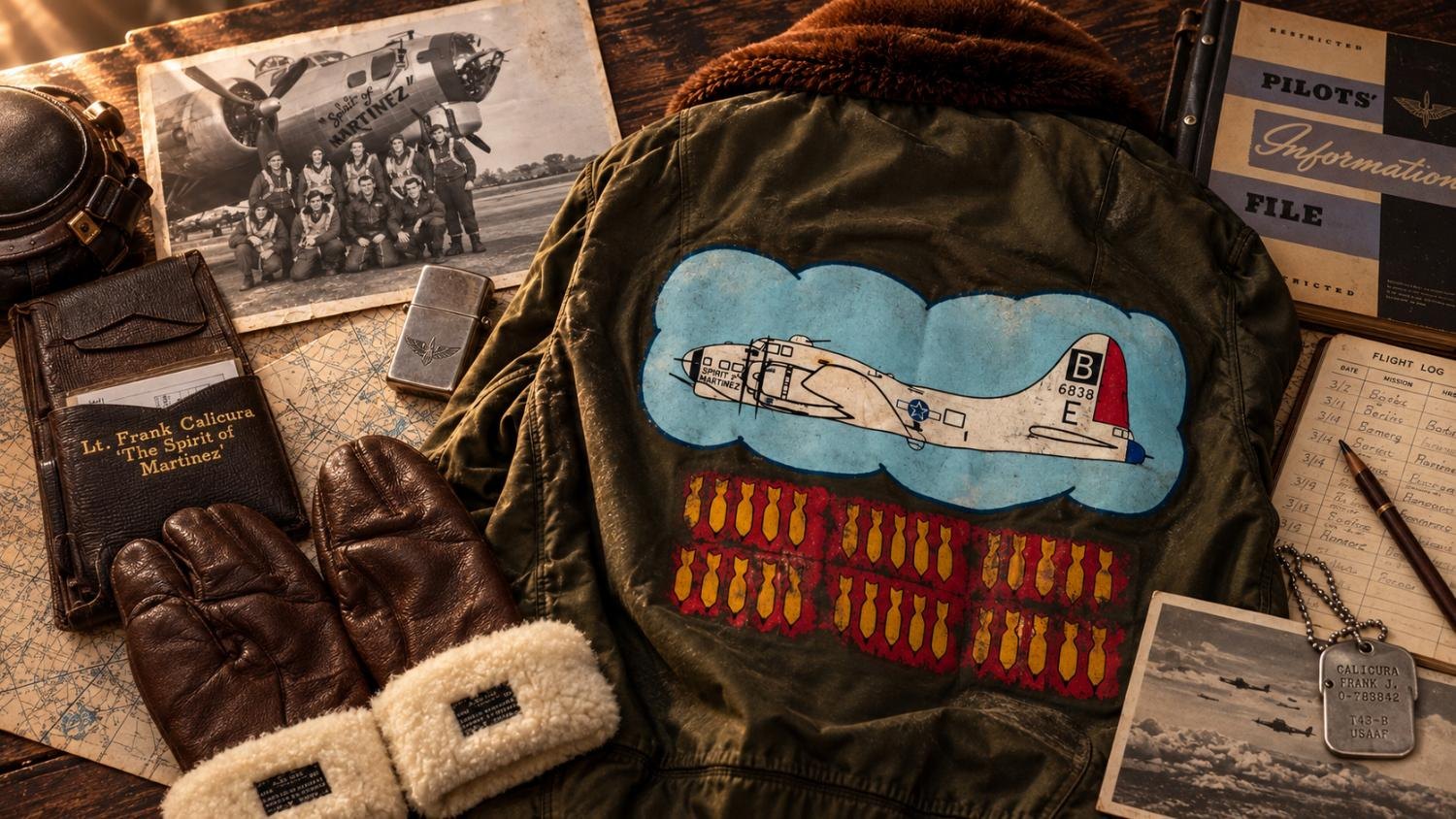 The locker arranged: B-15 jacket, crew plate, wallet, and gloves