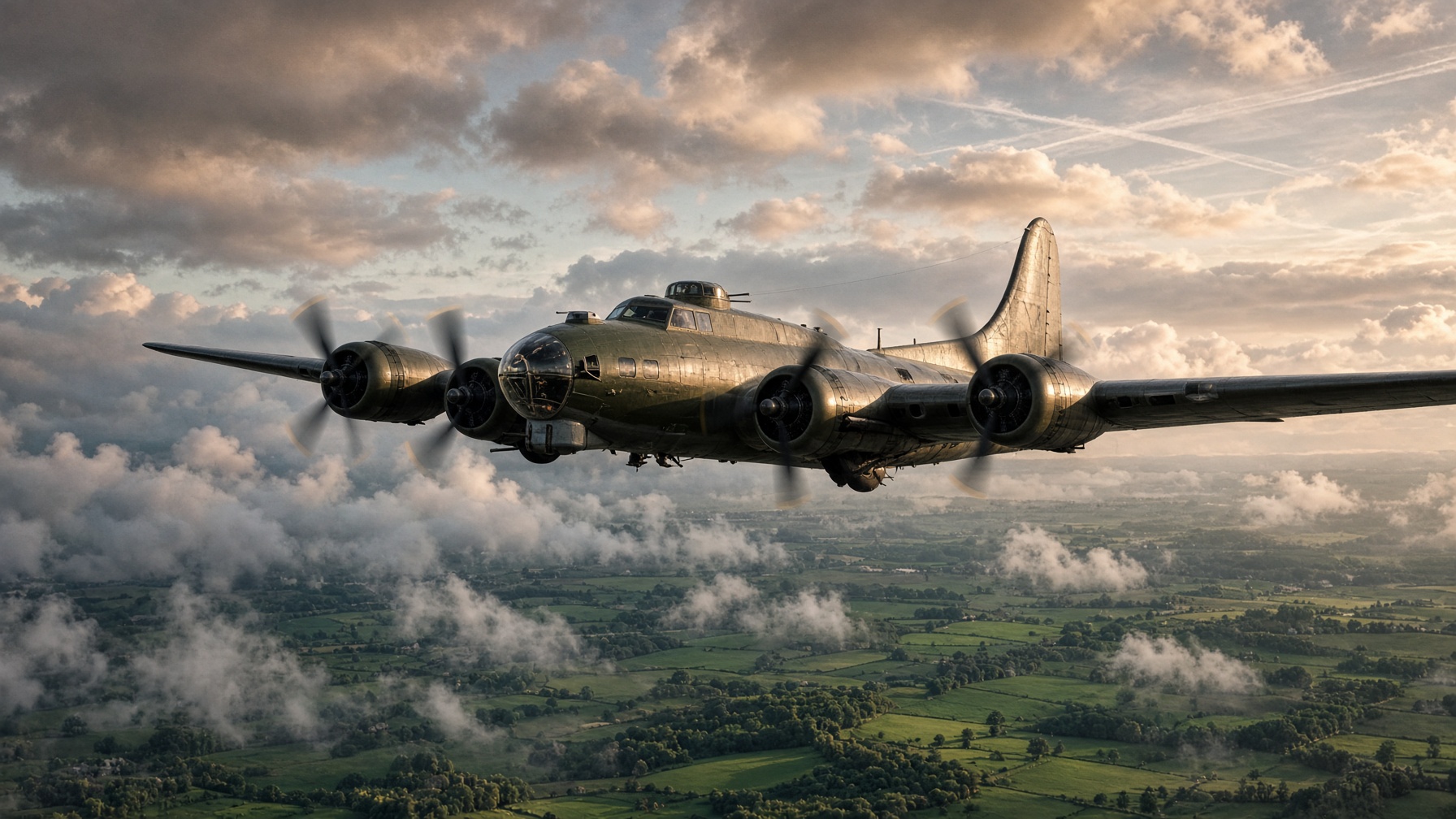 A B-17 Flying Fortress over East Anglia at dawn